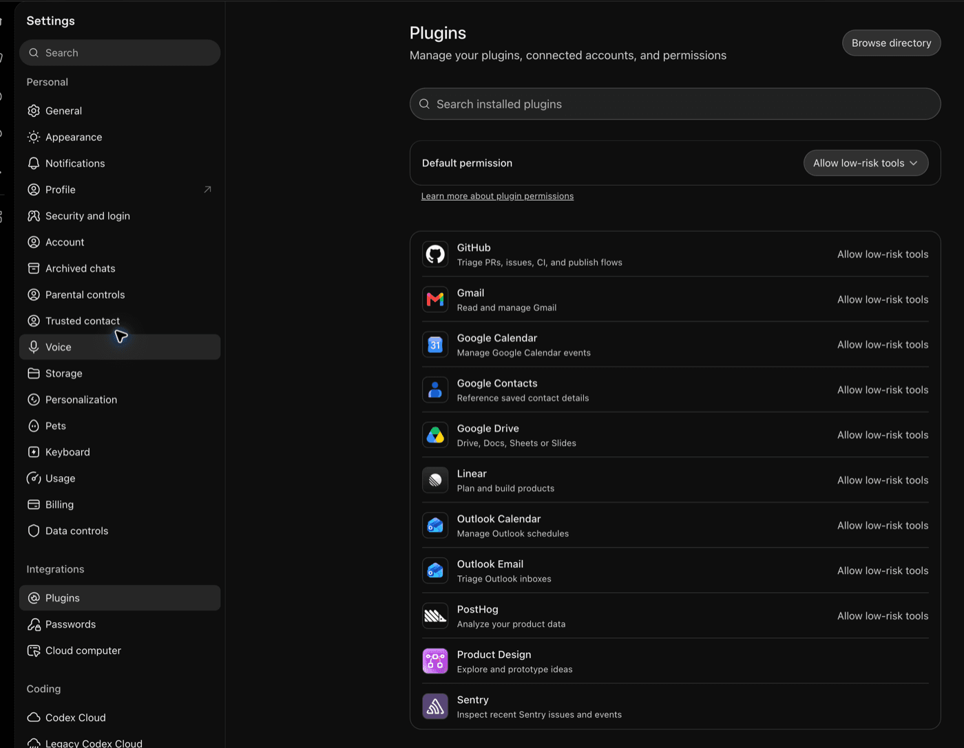 ChatGPT Settings with Plugins selected and the Browse directory button
